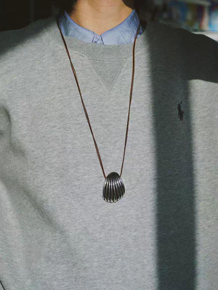 Elegant Silver Seashell Pendant Necklace with Brown Leather Cord