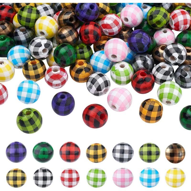 20pcs 16mm Natural Wood Buffalo Plaid Round Beads Wooden Tartan Pattern Loose Spacer Ball Beads for DIY Bracelet Necklace