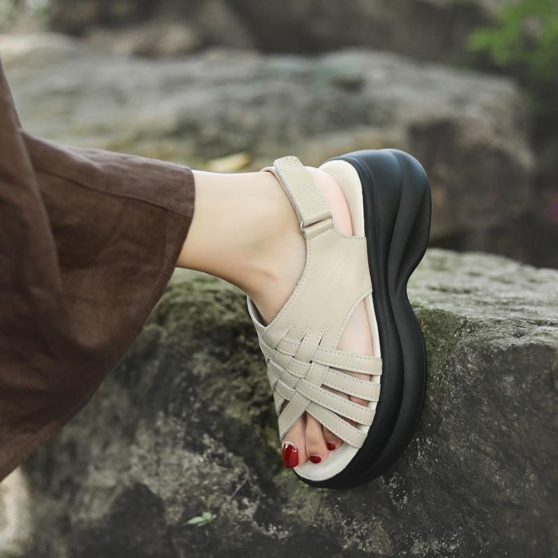 Johnature Genuine Leather Retro Woven Thick Soled Sandals Versatile Height Increasing Roman Women's Shoes