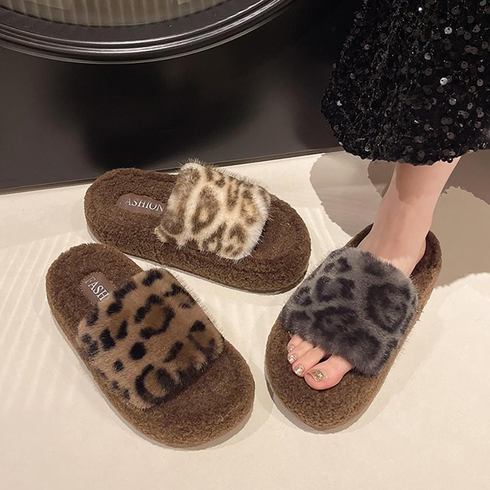 Leopard Print Platform New Autumn And Winter Fashion Home Furry Cotton Slippers