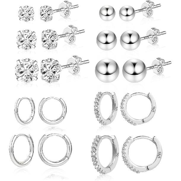 Stud Earrings for Women Hypoallergenic Sterling Silver Post Hoop and Studs Earrings Set for Multiple Piercing Small Ball Cubic Zirconia Earring Studs