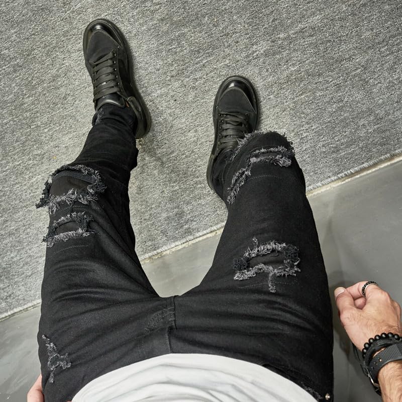 [Petit De Francais] Distressed Skinny Jeans for Men, Rider Jeans, Skinny Denim, Motorcycle Jeans, D-45 (28)