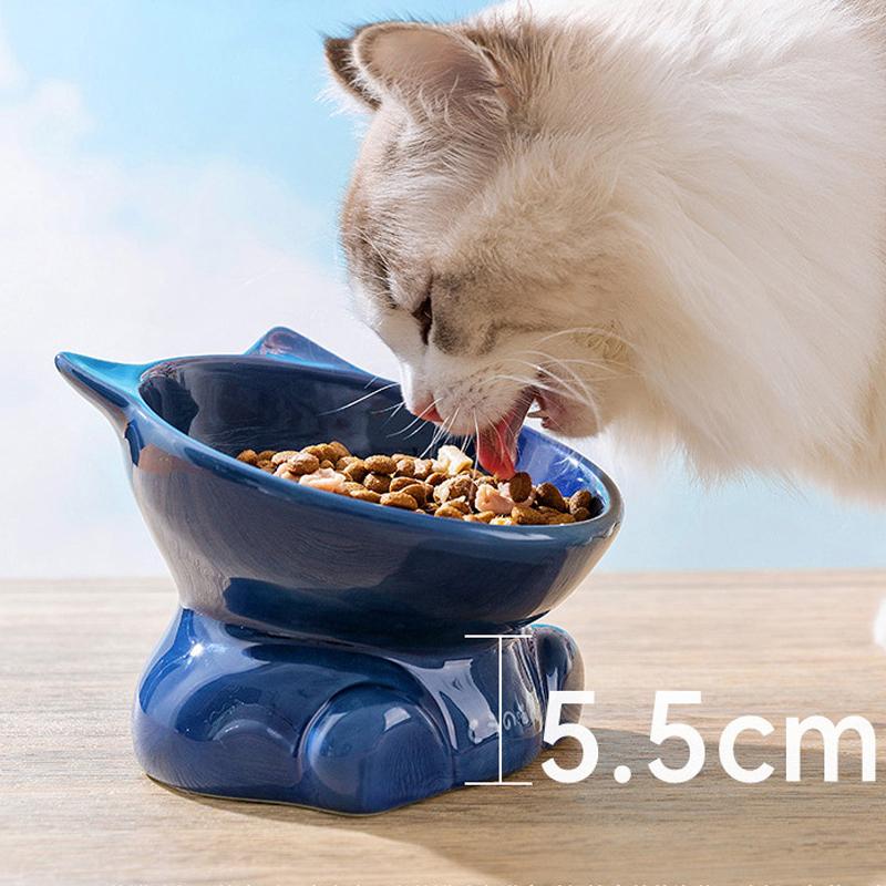 Ceramic Tall Footed Cats Bowls, Anti Overturning Oblique Mouth Neck Protection Cat Ear Shape Bowl Pet Articles, 1Pc