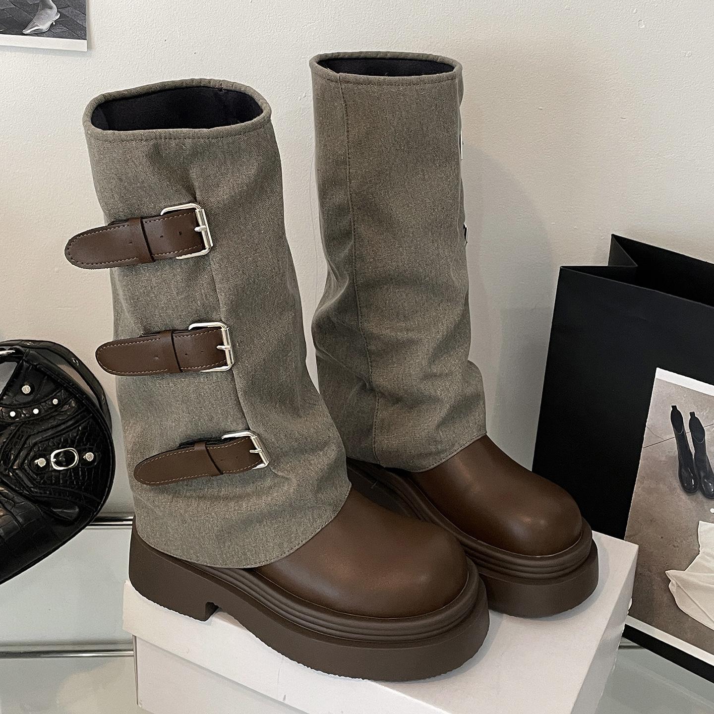 

Popular black retro British style platform boots women s boots 2025 new autumn versatile and thin knight boots 40 коричневый