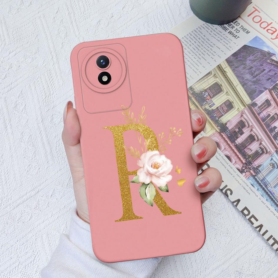 Telefon Fall Für Vivo Y02S Y11 Y12 Y15 Y16 Y17 Y19 Y20 Y21 Y30 4G 5G Luxus Schutzhülle flüssigkeit Weiche Silikon Blume Buchstaben Fundas Für Vivo Stoßstange Coque