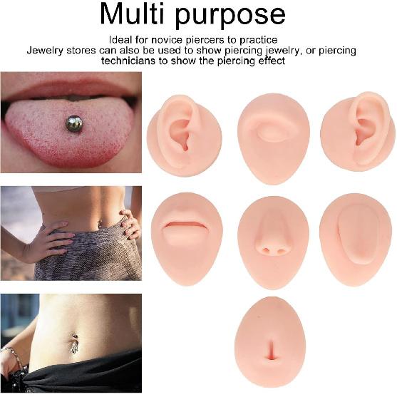 Soft Silicone Flexible Model Body Part, Silicone Nose Tongue Mouth Eye Navel Ear Model Fake Ear with 2 Base for Piercing Practice Acupuncture and