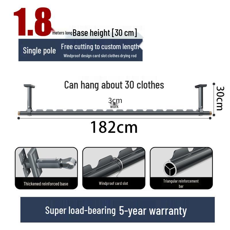 Aluminum Windproof Balcony Drying Rod - Top-Mounted, Hole-Punching Design for Secure Clothes Hanging