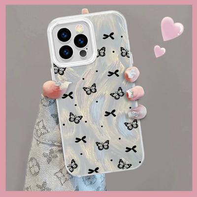 Verbesserte Glitzer-Silberhülle mit schwarzer Schleife und Schmetterlings-Aufdruck, stoßfeste Schutzhülle für die gesamte Rückseite für iPhone Samsung
