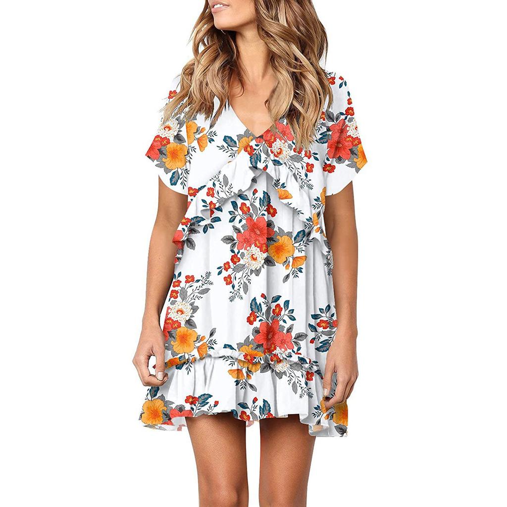 Fashion Women V-neck Printed Short Sleeve Dress Fresh Girly Style Dress