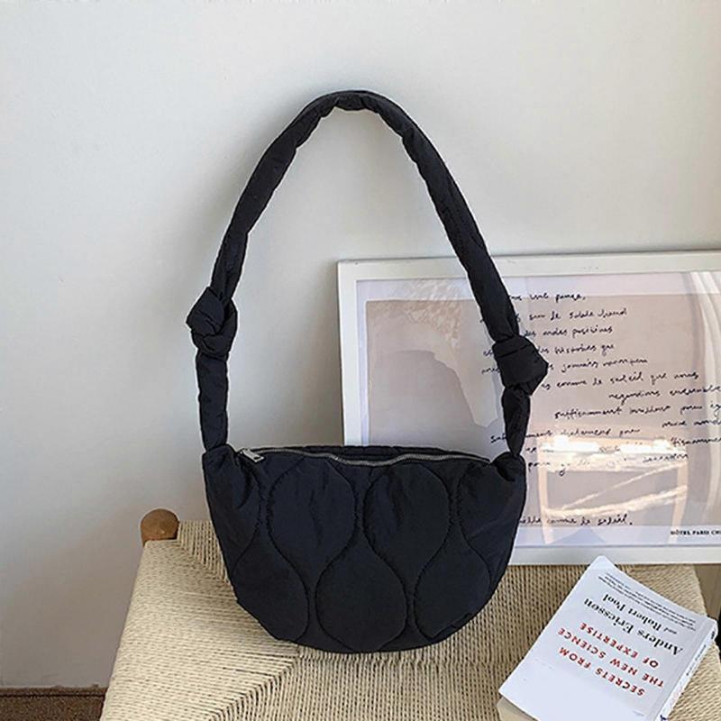 Women Casual Underarm Bag Retro Nylon Satchel Bag Semicircle Crossbody Bag with Zipper Vintage Solid Color Shoulder Bag White
