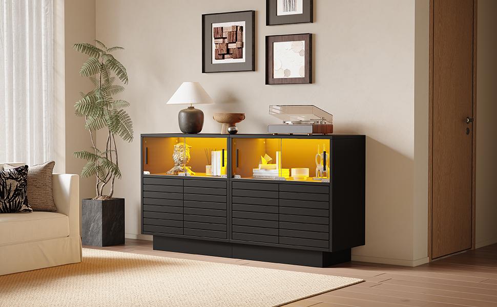 130*35*68cm Sideboard with 2 Cabinets, 4 Compartments, Glass Doors, Side Cabinet with LED Light, Living Room Cabinet with Lots of Storage Space
