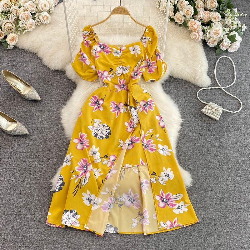 

Summer New Arrival French Style Retro Bubble Dress Short Sleeve Yellow All yards