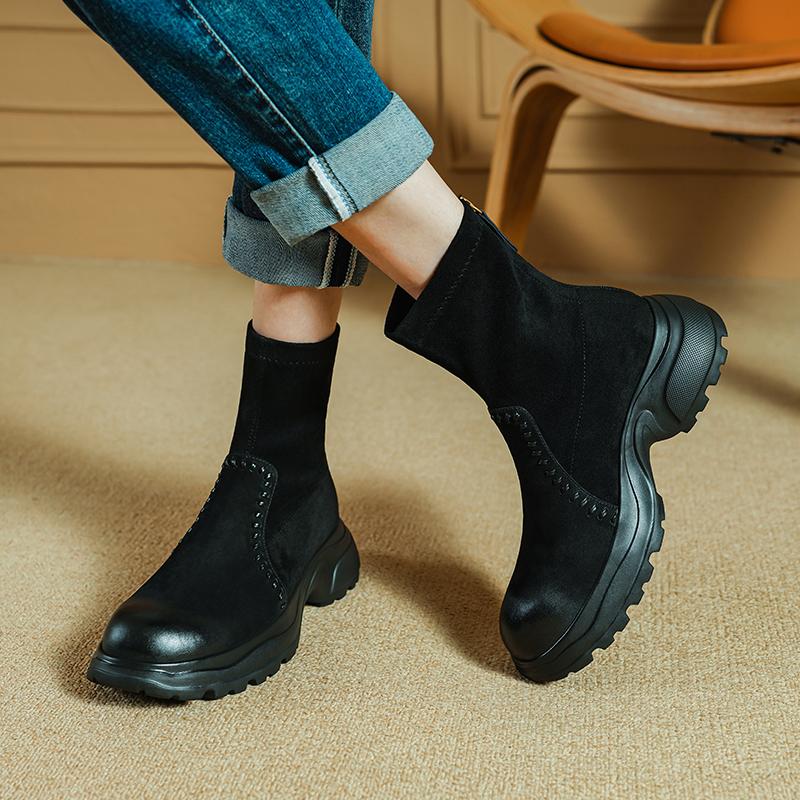 Fashion 2025 New Autumn Motorcycle Women Boots Women Shoes Round Toe Chunky Heel Modern Platform Stretch Short Boots Ladies Shoes