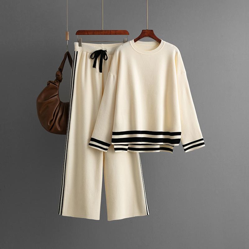 Fashion Suit Women's Autumn And Winter Knitted Round Neck Loose Fitting Pullover Sweater Wide Leg Pants Two-piece Set