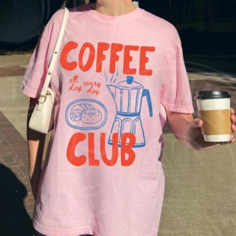Kaffeeclub Muster Kaffee-Enthusiast Geschenk Retro Kaffeeclub T-Shirt Lebensmittelästhetik Mode Y2k Oberteil Sommer Baumwolle