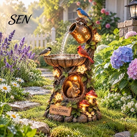 Illuminated Garden Statue Decoration Tree House Fountain Bird Feeder, Lighted Resin Birdbath, Feeder with Sturdy for Small Birds LED Lights,