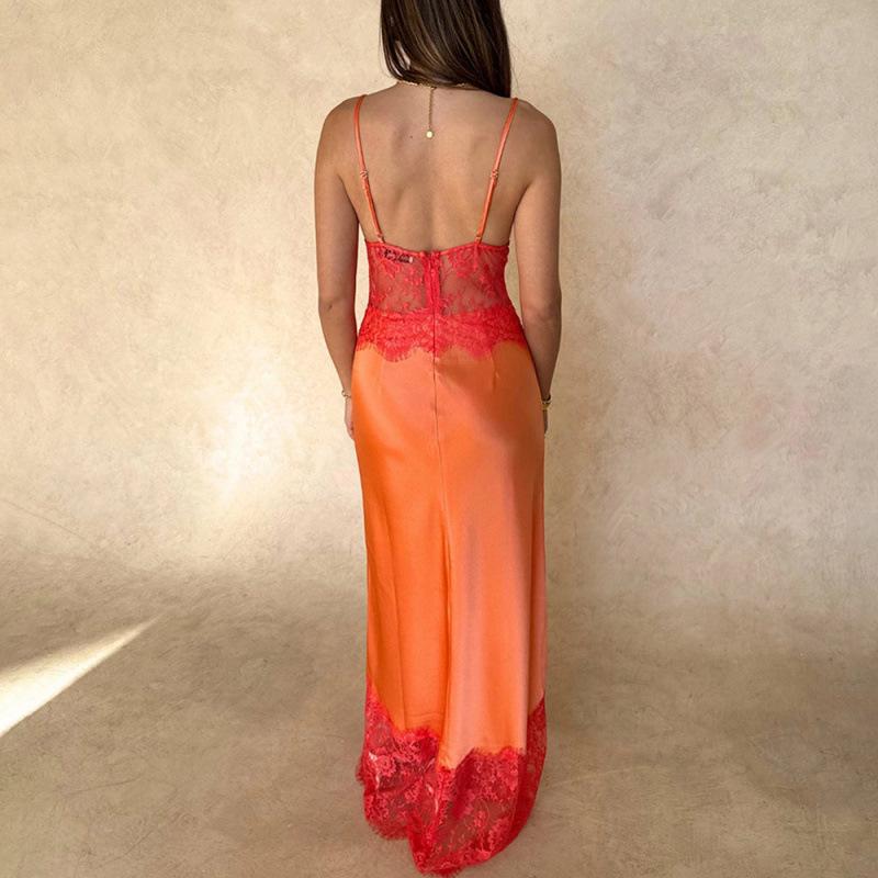 Elegantes Maxikleid mit tiefem V-Ausschnitt, Spitzen-Patchwork, Spaghettiträgern und offenem Rücken
