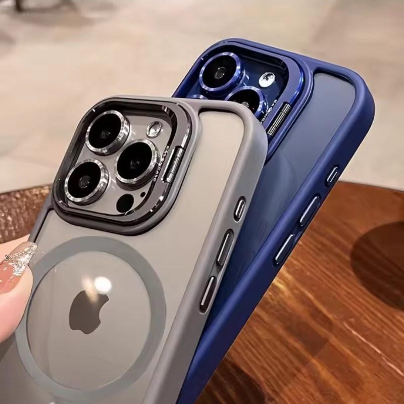 Metal Holder Phone Case For iPhone 17 16 15 14 13 12 11 Pro Max Plus Air For Magsafe Transparent Magnetic Lens Protection Cover