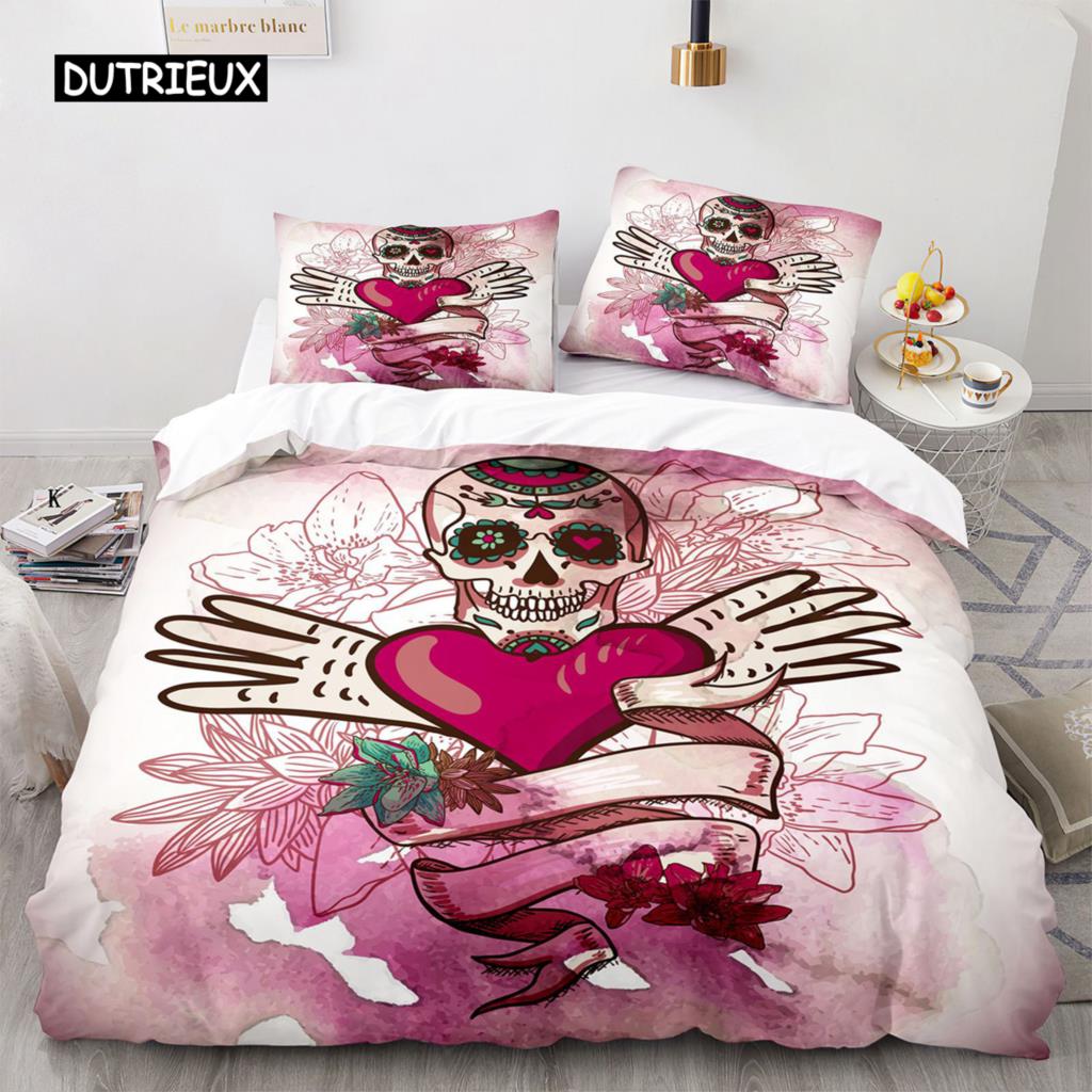Povlak na přikrývku Sugar Skull King Mikrovlákno Růžový Ložní Set Květinová Lebka Povlak na Přikrývku Černá Červená Oranžová Kostra Jednolůžkový Povlak na Prošívanou Přikrývku