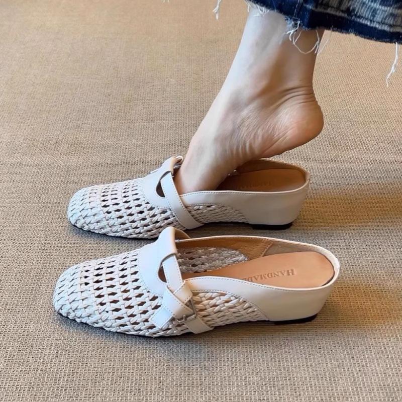 Skinny and tall retro baotou half slippers women's summer wear thick heels and inner height increase one pedal woven breathable sandals