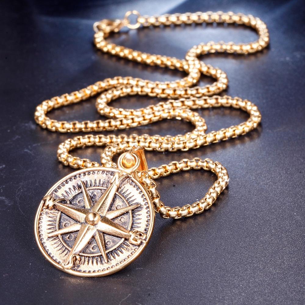 Compass Gold Pendent Stainless Steel Mens Jewelry Necklace