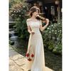 French One-word Shoulder Knitted Dress Set, Women's Summer Slim-fitting and Thin Temperament Top, Half-length Dress Two-piece Set