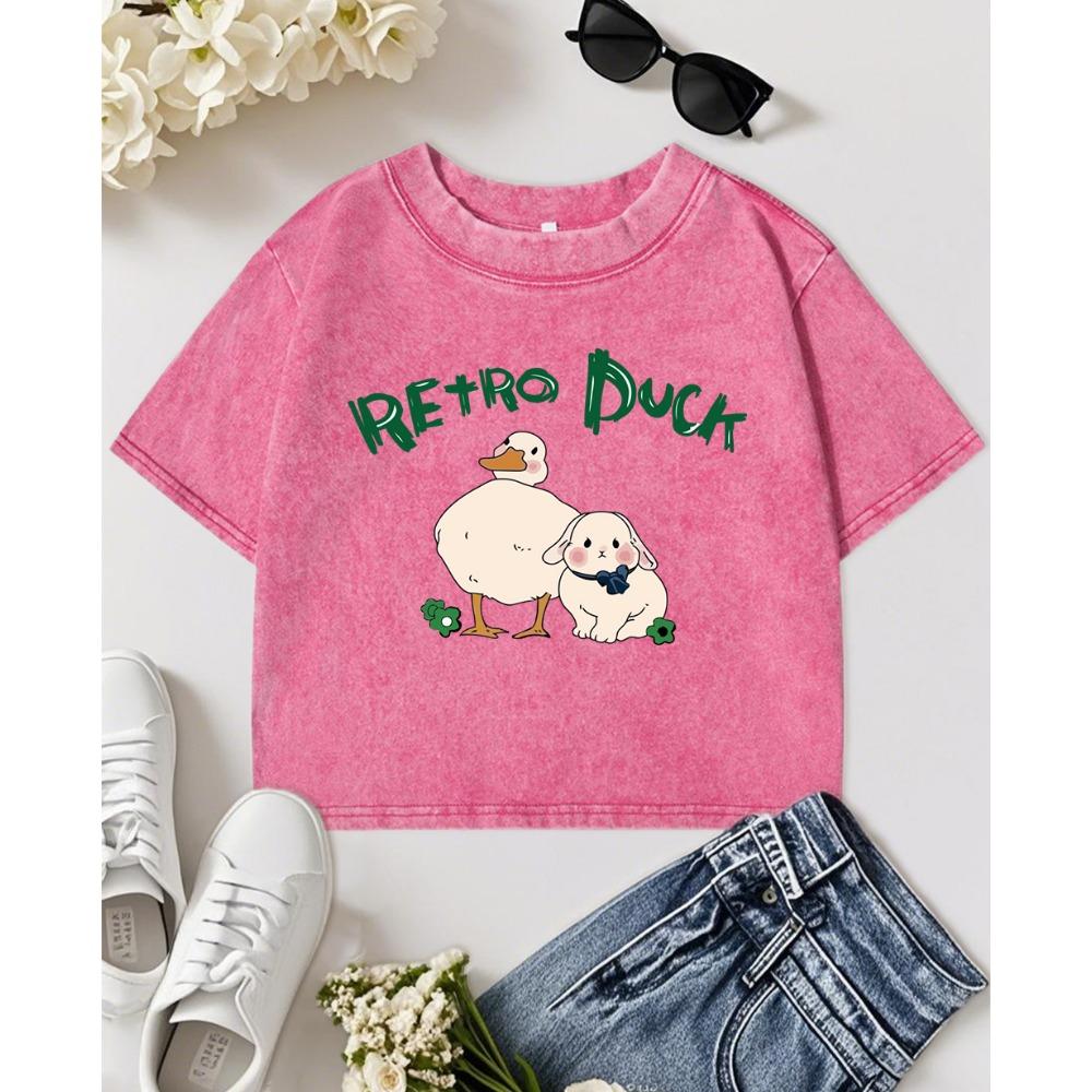 Cartoon Retro Rabbit Duck Print Washed T-Shirt Women Cotton Comfortable T Shirt Woman Streetwear Y2K Top