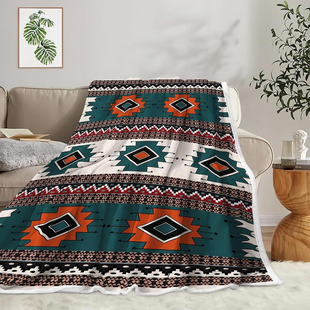 Aztec Tribal Geometric Pattern Flannel Throw Blanket Soft Warm Lightweight Blanket for Sofa Bed Boho Home Decoration