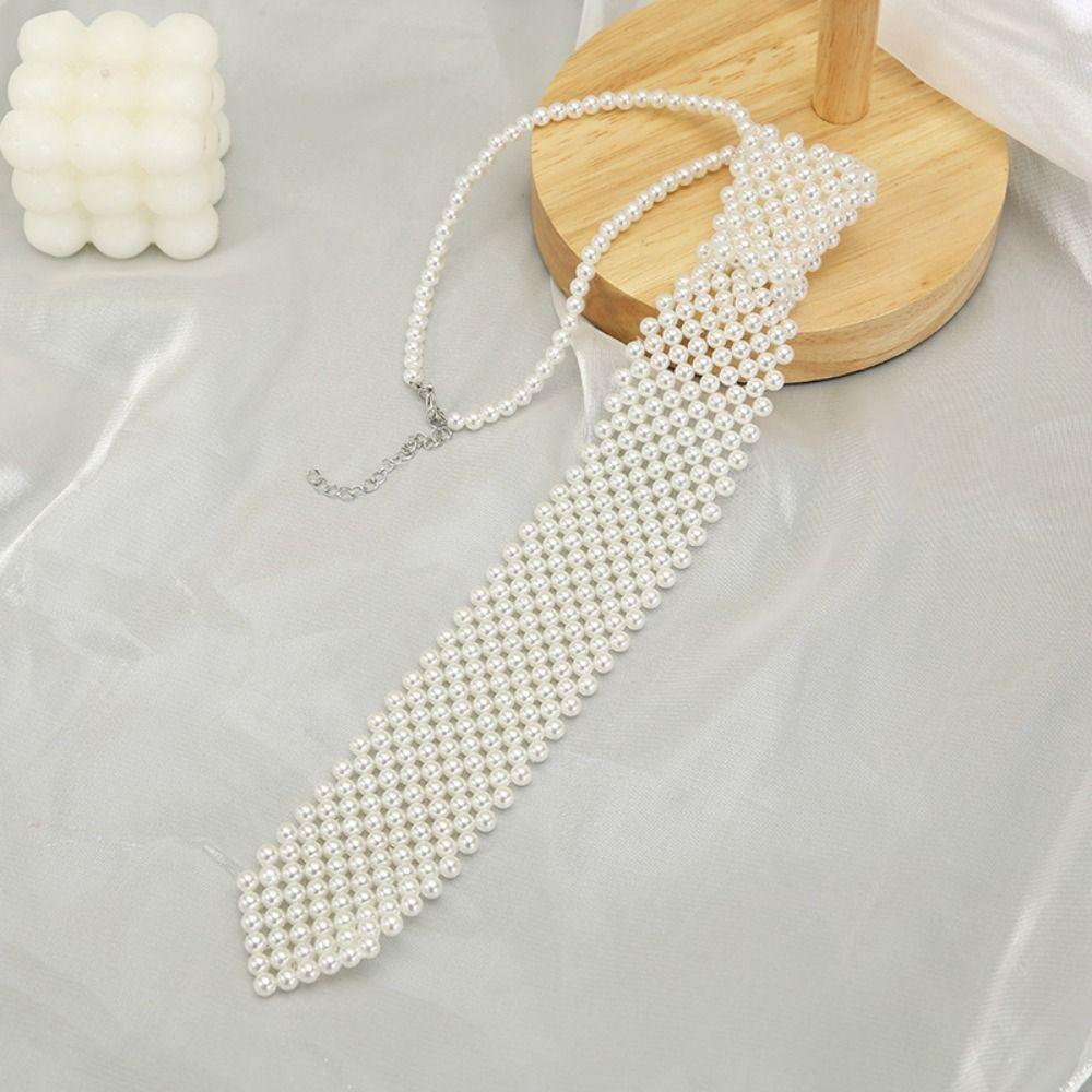 Korean Style Draweye Pearls Tie Long Necklace Clothing Tie Necklace Clavicle Chain Party