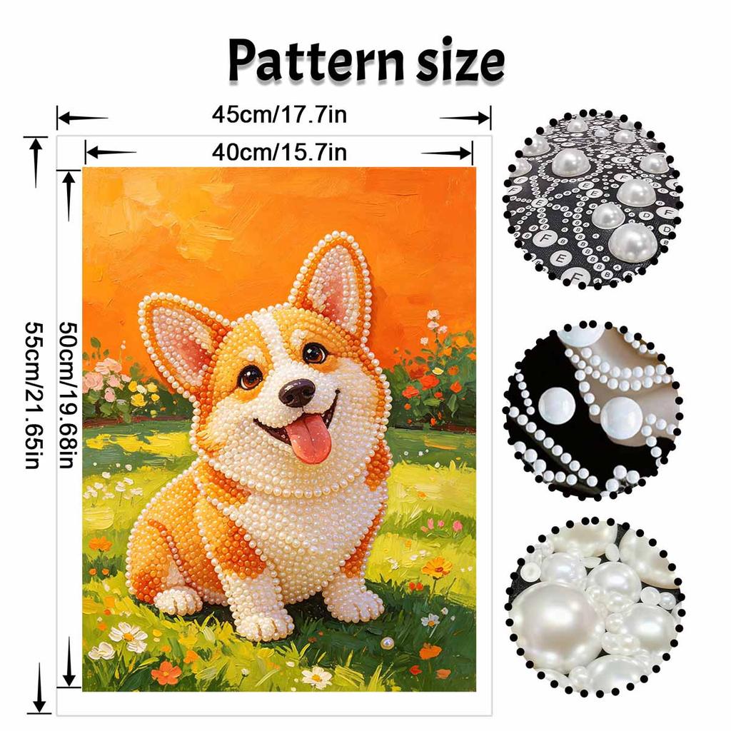 Sparkling Pearl Painting on Stretched Frame Cute Corgi Dog DIY Bead Art Canvas Relaxing Hobby Gift for Craft Lovers Great Home Decor Art Craft
