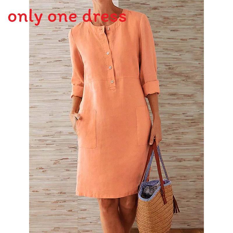 Cotton Linen Long Sleeve Dress With Spliced Design For Casual Office Wear