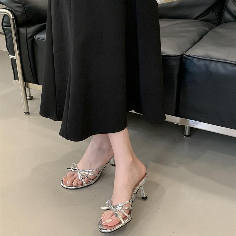 Summer Women Round Toe High Heel Slippers Fashion Butterfly-knot Dress Slide Ladies Evening Party Sandalias
