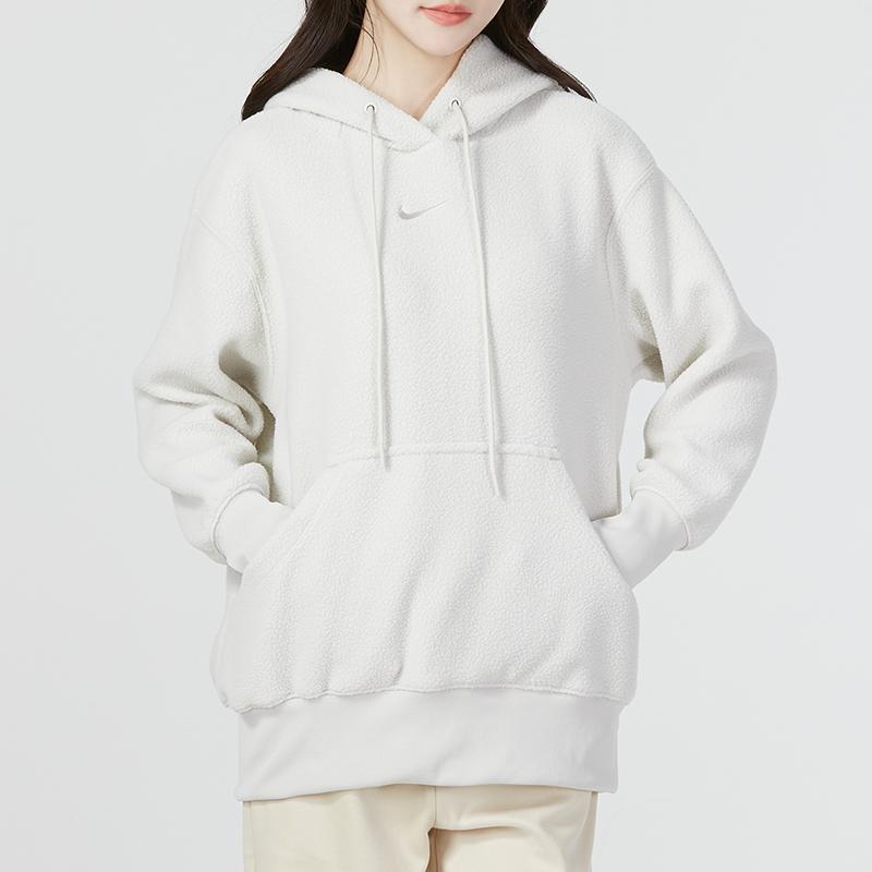Nike Solid Color Sports Casual Hooded Sherpa Fleece Long Sleeve Sweatshirt Women Tops White DQ6841-072