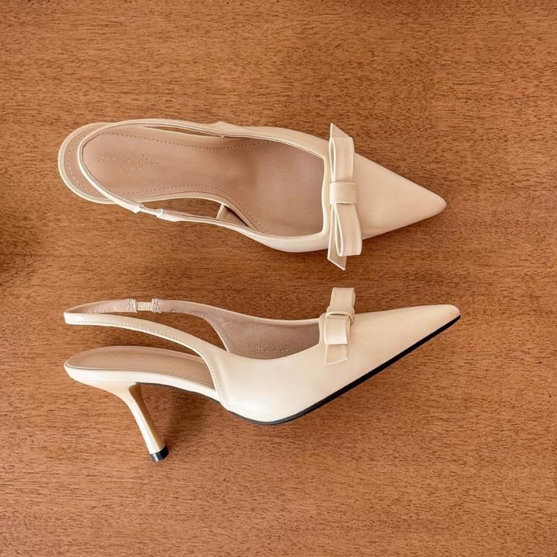 Baotou Sandals Spring New Pointy Head Shallow Mouth Butterfly Knot Leather Set Foot Anti-slip Wear-resistant High Heels