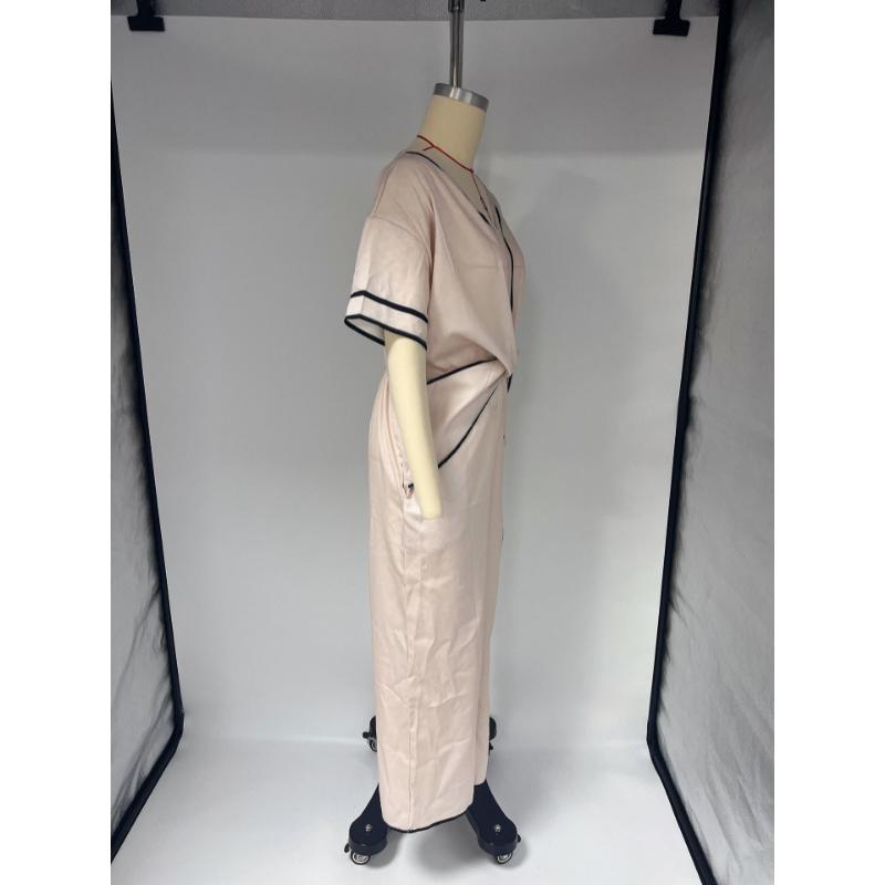 Women's Boho Contrast Trim Maxi Dress V Neck Short Sleeve Twist Waist Loose Elegant Summer Casual Office Vacation Long Dress