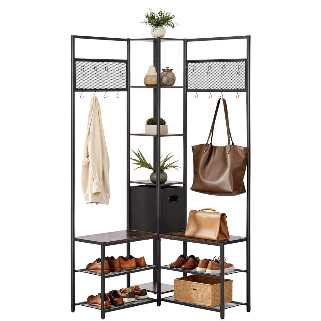 Corner Hall Tree with Shoe Bench, 1800 mm Coat Rack with Hooks and Steel Frame, Freestanding Clothes Shoes Rack Storage Organizer with Anti-Tip Set,