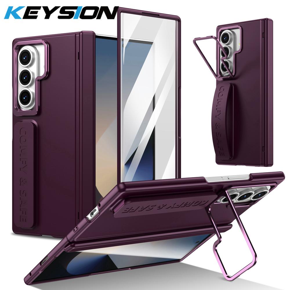 KEYSION Wristband Phone Case for Samsung Galaxy Z Fold 7 6 5 4 3 Kickstand Hard PC Shockproof Cover With Hinge Screen Protector