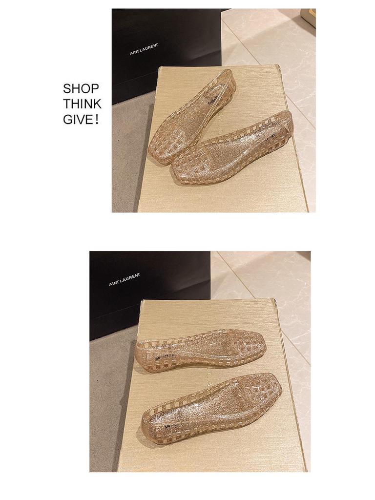 Korean-Style Low-Cut Crystal Flat Sandals & Slip-On Jelly Shoes with Square Toe
