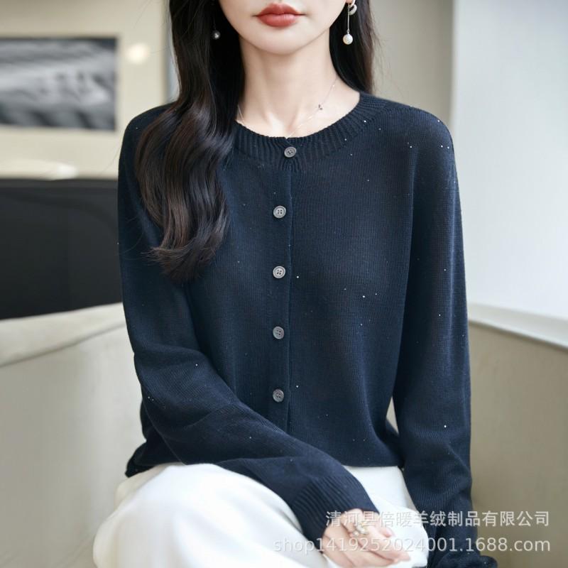Minimalist Knit Cardigan Women Lightweight Loose Fit Round Neck Open Front Sweater With 3D Embellishment 2026