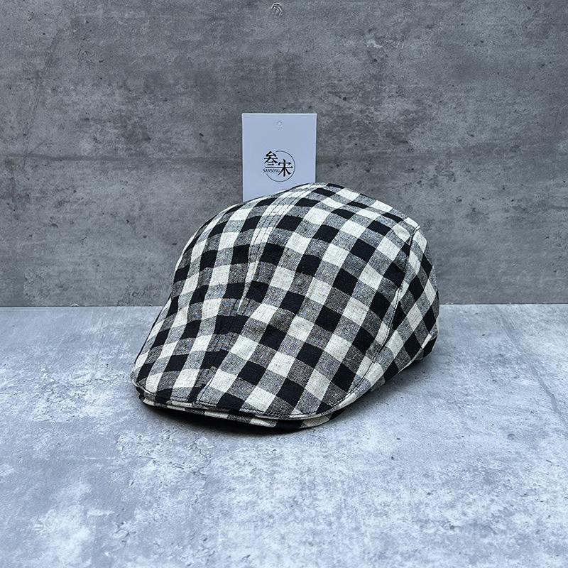 Cotton And Linen Plaid Breathable Forward Hat Casual Face Peaked Cap Women'S Summer Retro Japanese Retro Newsboy Hat