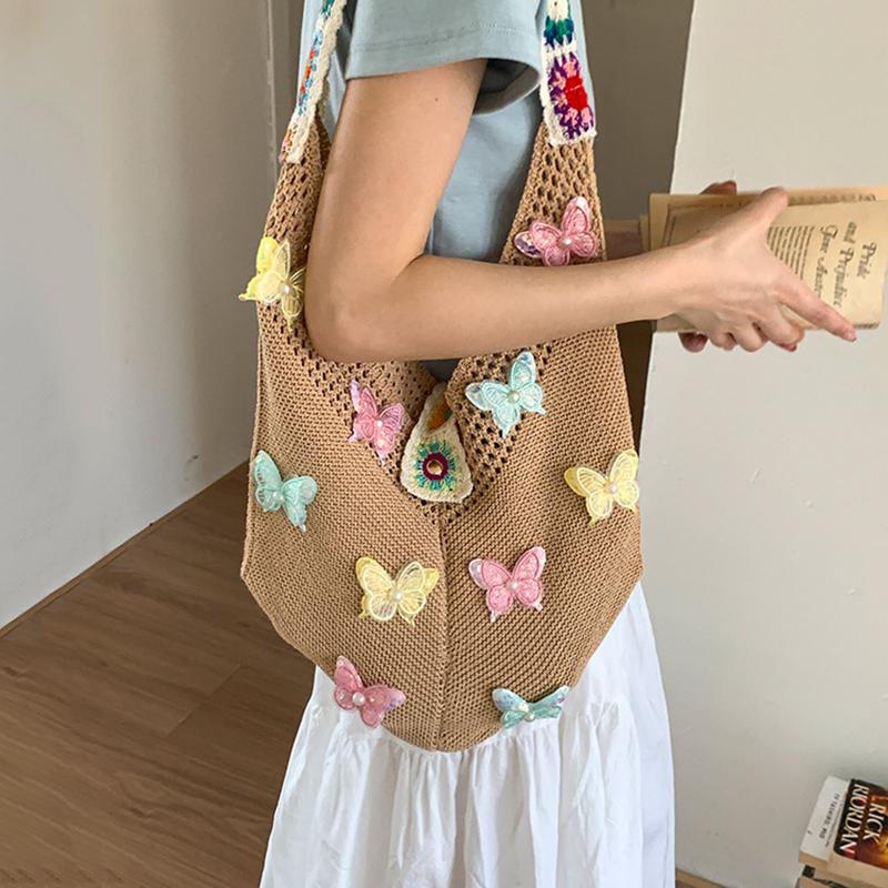 Модная женская сумка через плечо большой вместимости, вязаная крючком с узором бабочки и цветов, ажурная, винтажная, разноцветная сумка 31x2x23cm коричневый