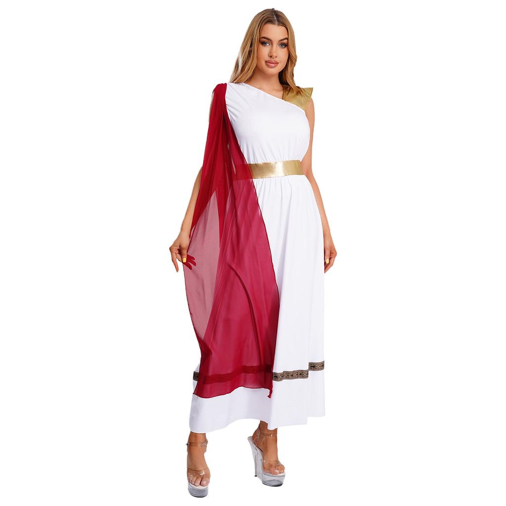 Dam Antik Grekisk Kostym Ärmlös Högmidjad Tunika Klänning Guld Romersk Kejsarinna Toga Halloweenfest Klänning