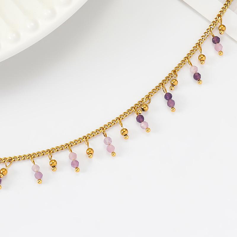 Stainless steel natural stone necklace French light luxury purple stone beaded pendant neck decoration