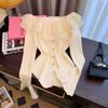 Double Ruffle Edge Flared Sleeve Knitted Sweater Women's Spring One-word Shoulder Halter Top Tight Elastic Split-ended Sweater