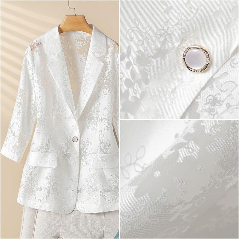 Women's Suit Jacket Plus-Size Blazer Summer Thin Sun Protection Slim Fit Hollow Lace Three-Quarter Sleeves Blazer Top
