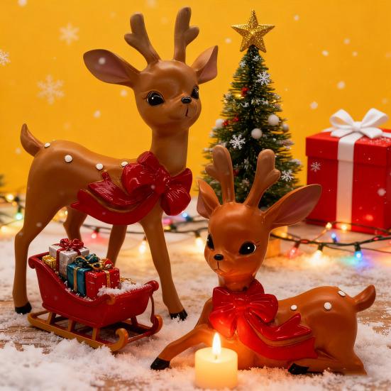 Vintage Spotted Deer Ornament Resin Sika Deer Figurine with Red Bow Cute Deer Statue for Christmas Decoration Table Centerpiece