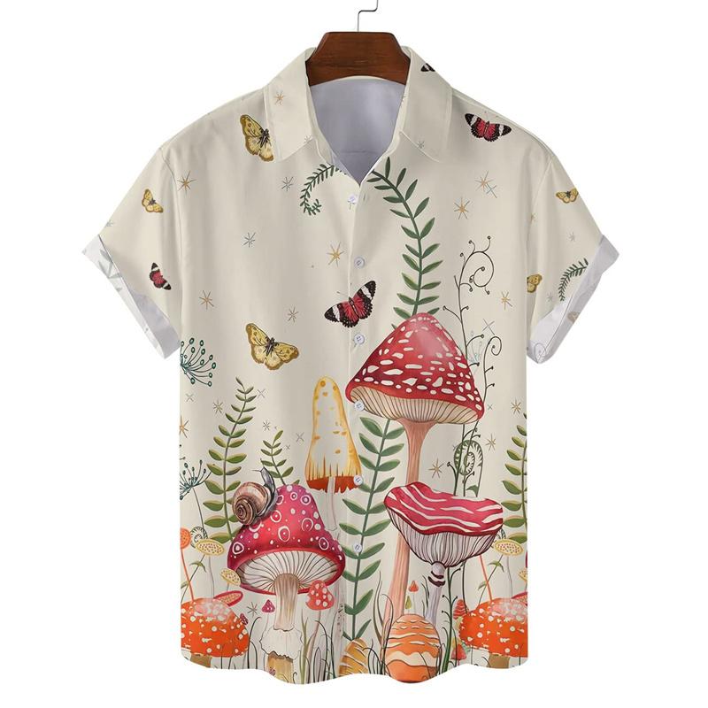 Colorful Mushroom 3d Print Hawaiian Shirt Men Summer Vacation Shirts Button Lapel Short Sleeve Street Shirt Clothing