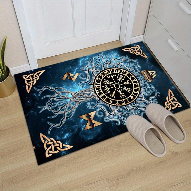 2D Flat Nordic Rune Tree Of Life Gold Symbols Flannel Area Rug Non Slip Viking Mythology Carpet ForLiving RoomBedroom FloorDecor