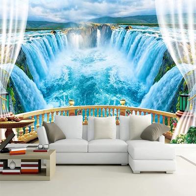 Balcón Lago Cascada Papel tapiz mural 3D, Paisaje natural Decoración de carteles Arte mural Pintura de pared para sala de estar Sala de estudio Dormitorio