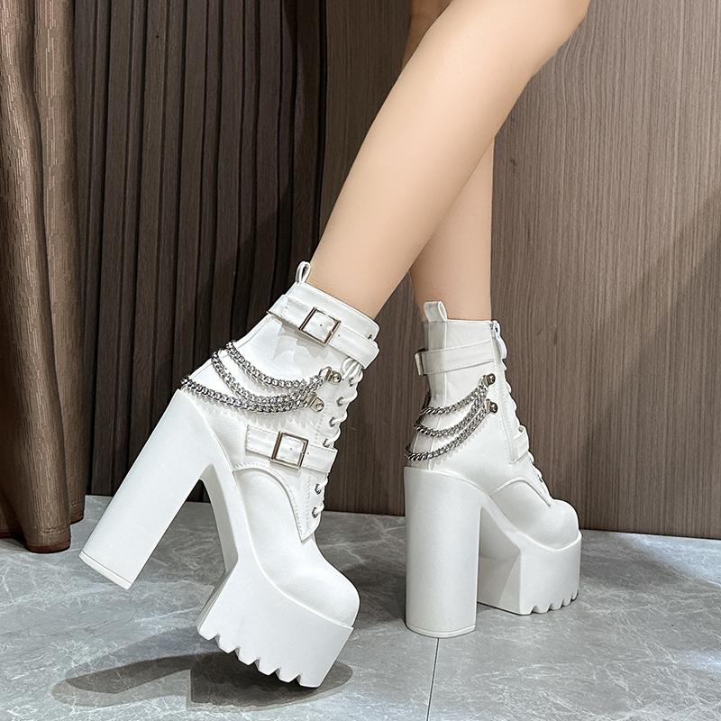 

Мода Мода Черные Ботинки Женские Каблук Весна Осень Шнуровка Мягкая Кожа Обувь на Платформе Женские Вечеринка Ботильоны Высокий Каблук Панк 34 белый
